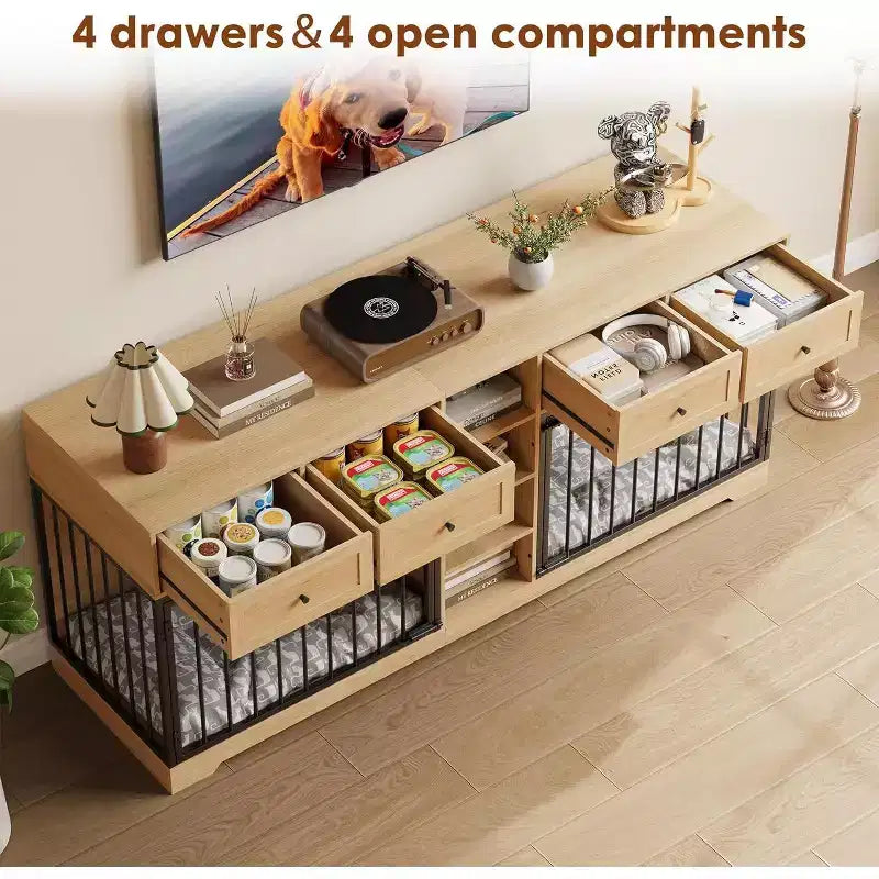 82 Meubles doubles pour cage de chien, grande niche d'intérieur pour 2 chiens, meuble TV en bois robuste avec 4 tiroirs et étagères