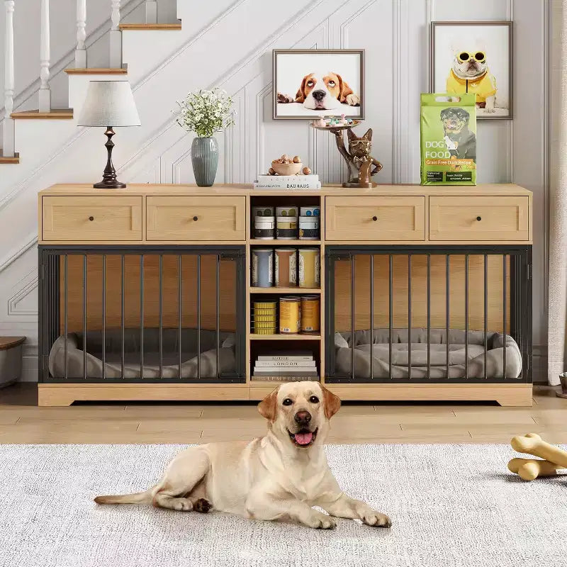 82 Meubles doubles pour cage de chien, grande niche d'intérieur pour 2 chiens, meuble TV en bois robuste avec 4 tiroirs et étagères