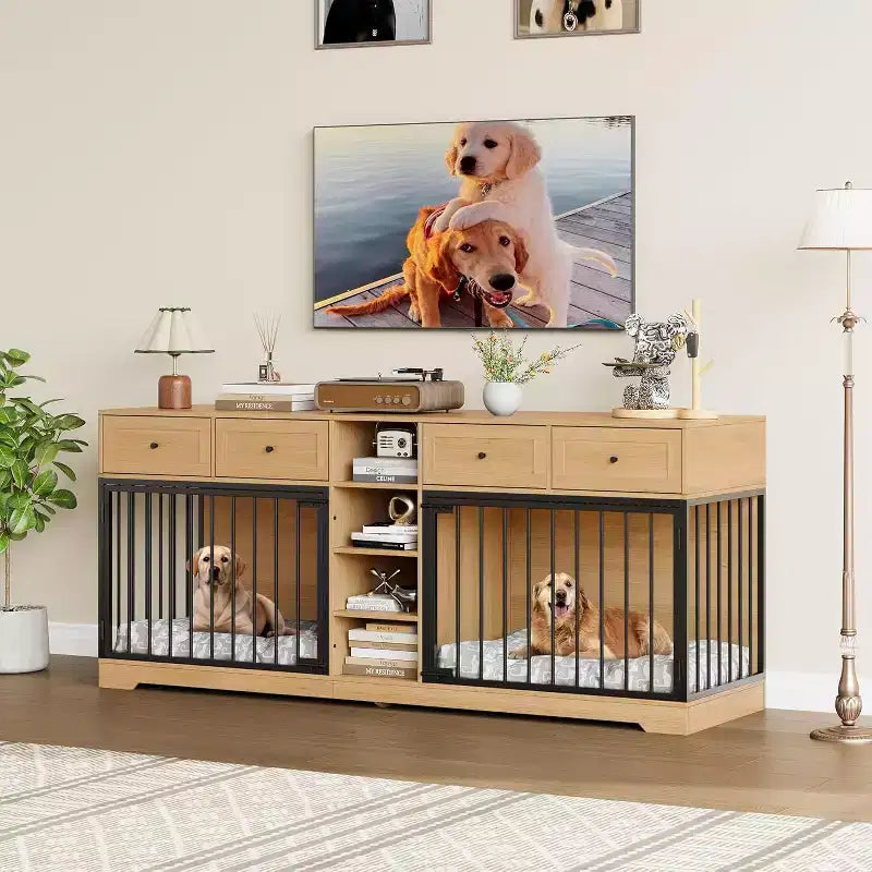 82 Meubles doubles pour cage de chien, grande niche d'intérieur pour 2 chiens, meuble TV en bois robuste avec 4 tiroirs et étagères