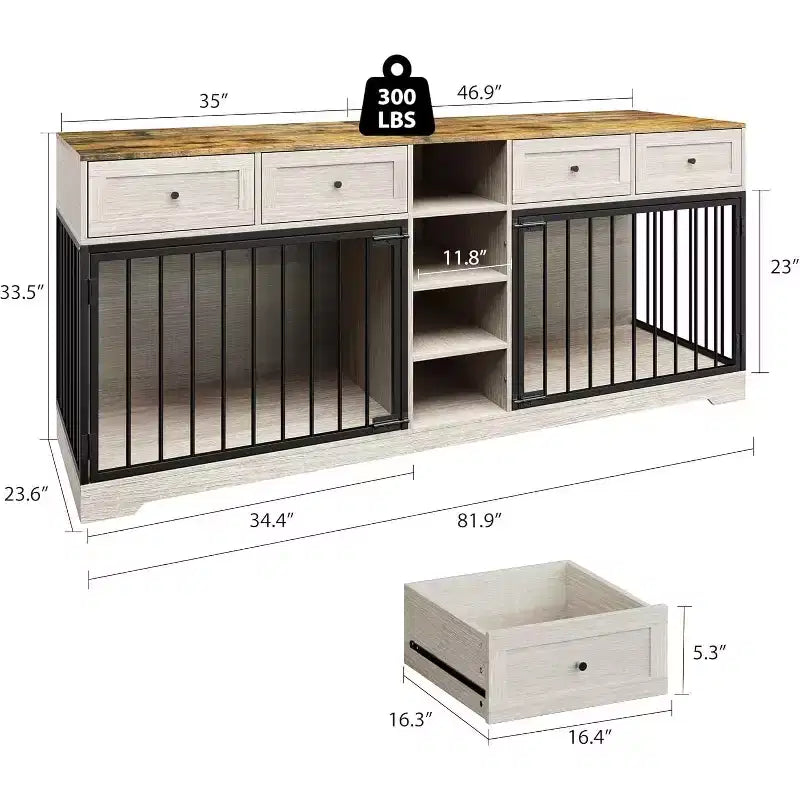 82 Meubles doubles pour cage de chien, grande niche d'intérieur pour 2 chiens, meuble TV en bois robuste avec 4 tiroirs et étagères