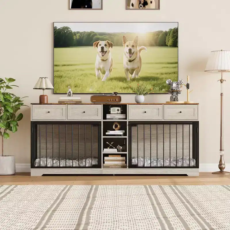 82 Meubles doubles pour cage de chien, grande niche d'intérieur pour 2 chiens, meuble TV en bois robuste avec 4 tiroirs et étagères