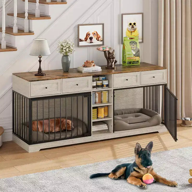 82 Meubles doubles pour cage de chien, grande niche d'intérieur pour 2 chiens, meuble TV en bois robuste avec 4 tiroirs et étagères