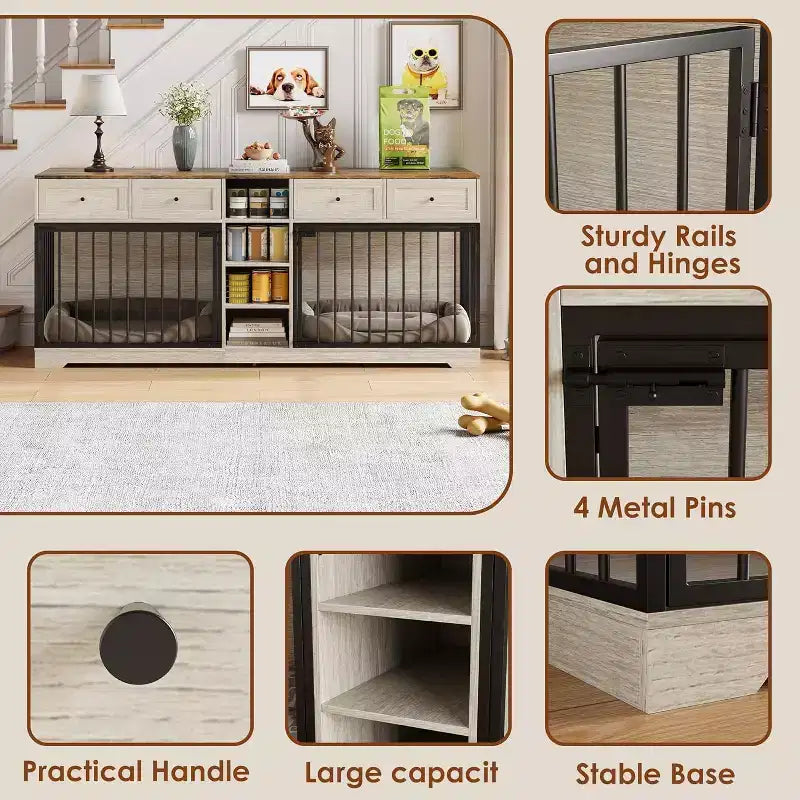 82 Meubles doubles pour cage de chien, grande niche d'intérieur pour 2 chiens, meuble TV en bois robuste avec 4 tiroirs et étagères