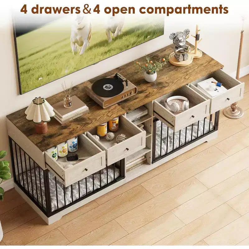 82 Meubles doubles pour cage de chien, grande niche d'intérieur pour 2 chiens, meuble TV en bois robuste avec 4 tiroirs et étagères