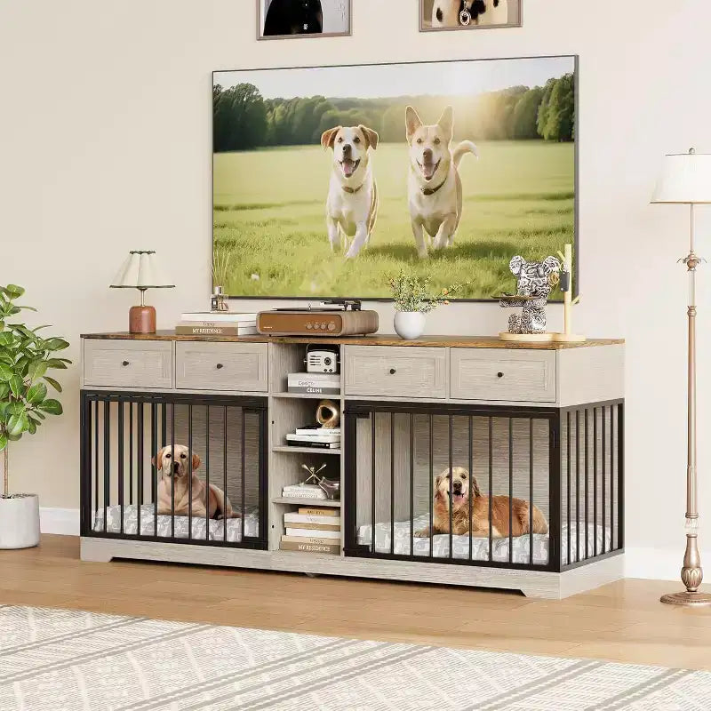 82 Meubles doubles pour cage de chien, grande niche d'intérieur pour 2 chiens, meuble TV en bois robuste avec 4 tiroirs et étagères