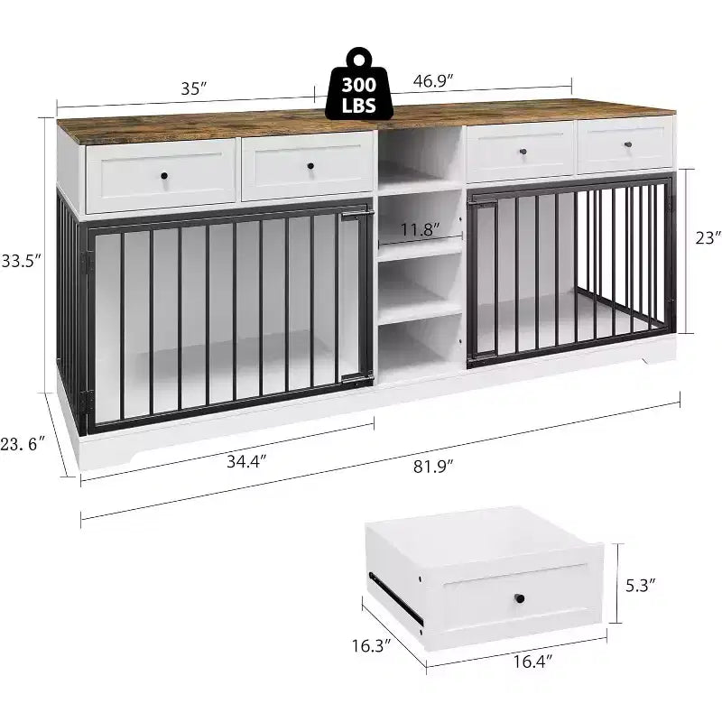 82 Meubles doubles pour cage de chien, grande niche d'intérieur pour 2 chiens, meuble TV en bois robuste avec 4 tiroirs et étagères