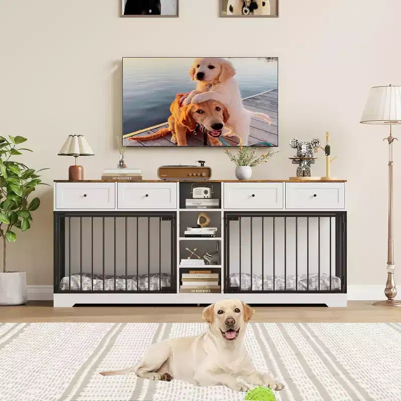 82 Meubles doubles pour cage de chien, grande niche d'intérieur pour 2 chiens, meuble TV en bois robuste avec 4 tiroirs et étagères