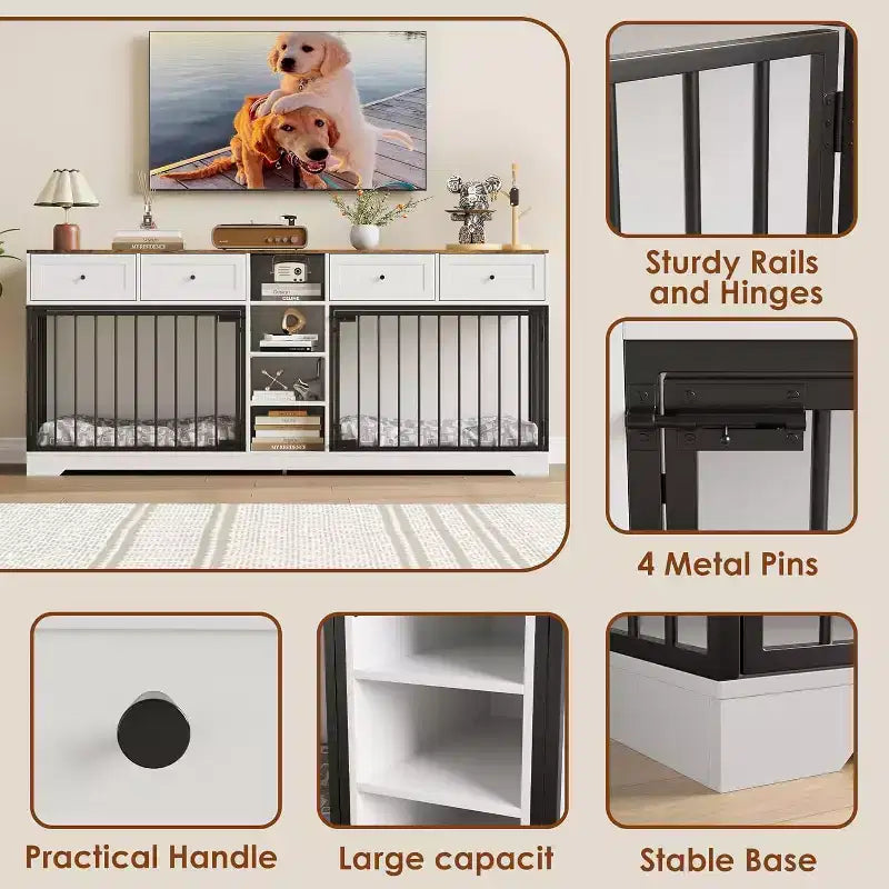 82 Meubles doubles pour cage de chien, grande niche d'intérieur pour 2 chiens, meuble TV en bois robuste avec 4 tiroirs et étagères