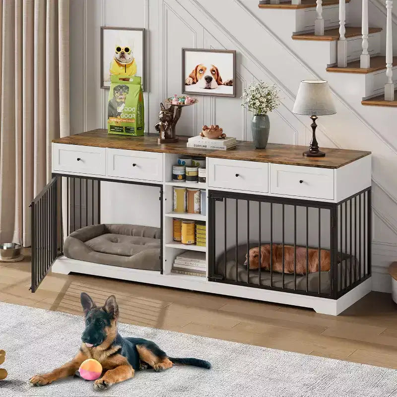82 Meubles doubles pour cage de chien, grande niche d'intérieur pour 2 chiens, meuble TV en bois robuste avec 4 tiroirs et étagères