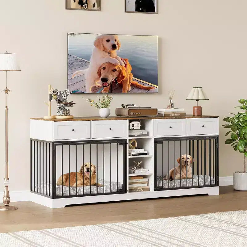 82 Meubles doubles pour cage de chien, grande niche d'intérieur pour 2 chiens, meuble TV en bois robuste avec 4 tiroirs et étagères