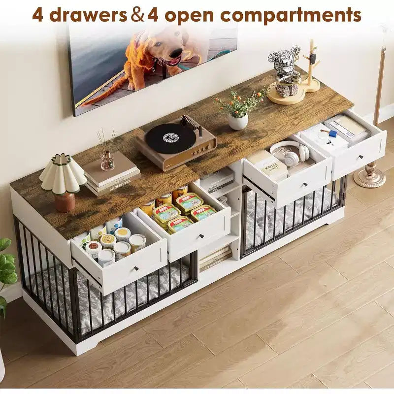 82 Meubles doubles pour cage de chien, grande niche d'intérieur pour 2 chiens, meuble TV en bois robuste avec 4 tiroirs et étagères