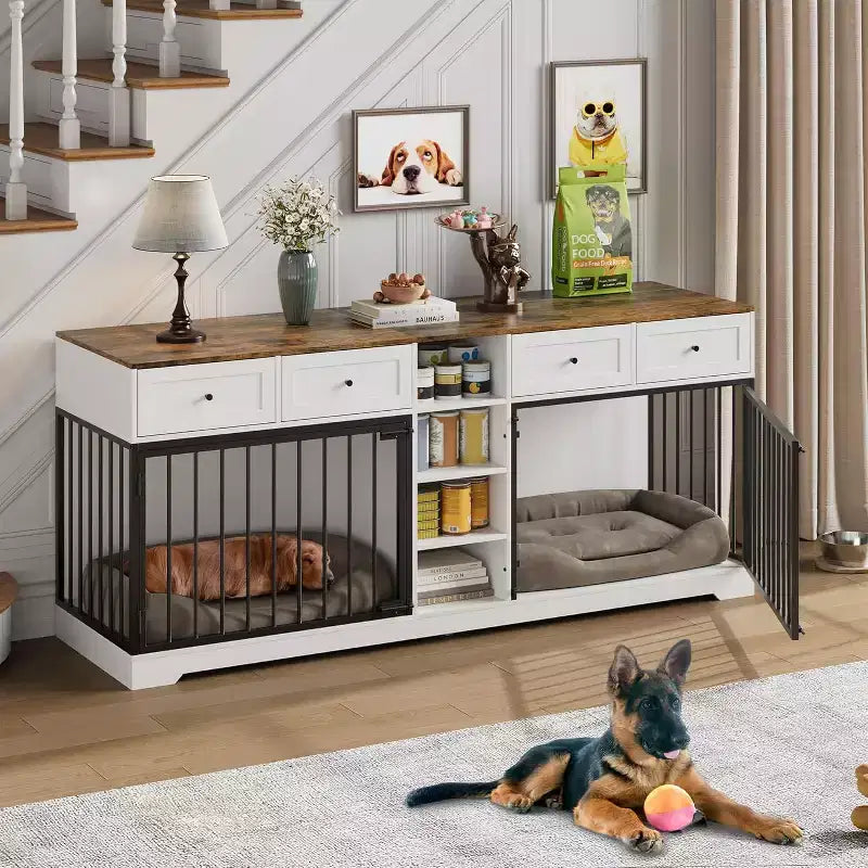 82 Meubles doubles pour cage de chien, grande niche d'intérieur pour 2 chiens, meuble TV en bois robuste avec 4 tiroirs et étagères