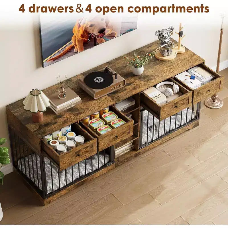 82 Meubles doubles pour cage de chien, grande niche d'intérieur pour 2 chiens, meuble TV en bois robuste avec 4 tiroirs et étagères