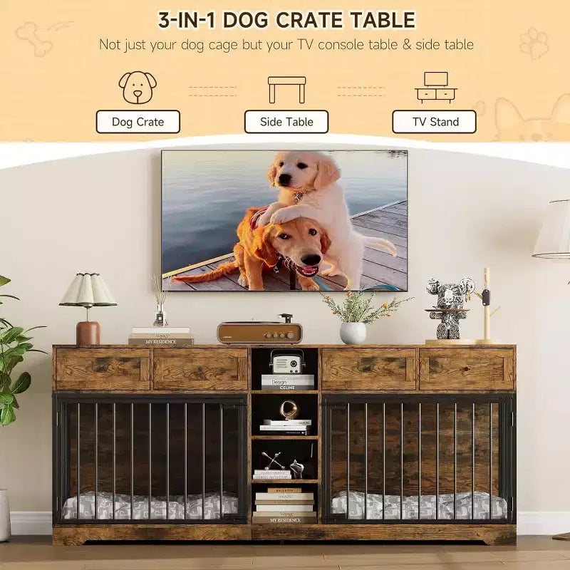 82 Meubles doubles pour cage de chien, grande niche d'intérieur pour 2 chiens, meuble TV en bois robuste avec 4 tiroirs et étagères