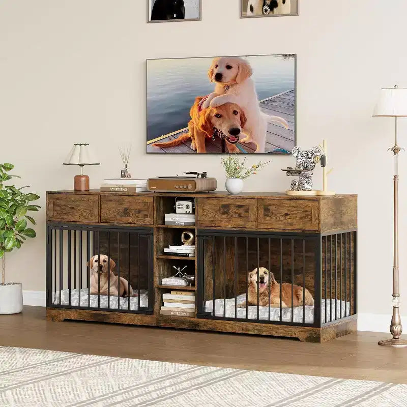 82 Meubles doubles pour cage de chien, grande niche d'intérieur pour 2 chiens, meuble TV en bois robuste avec 4 tiroirs et étagères