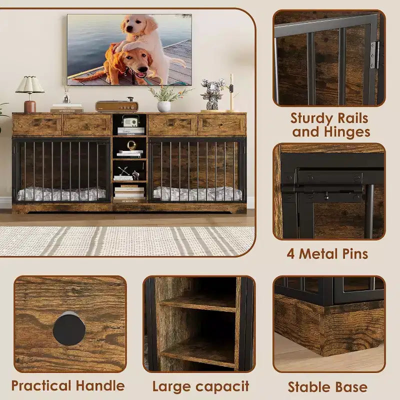 82 Meubles doubles pour cage de chien, grande niche d'intérieur pour 2 chiens, meuble TV en bois robuste avec 4 tiroirs et étagères
