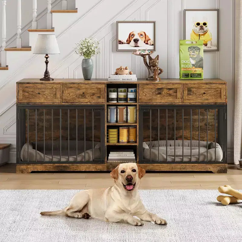 82 Meubles doubles pour cage de chien, grande niche d'intérieur pour 2 chiens, meuble TV en bois robuste avec 4 tiroirs et étagères