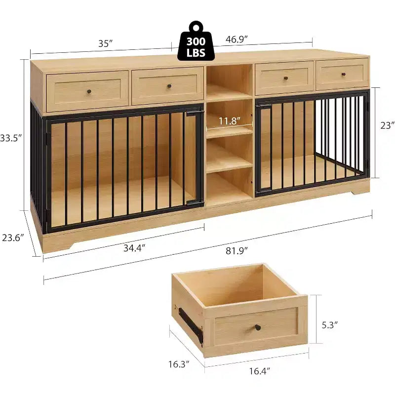 82 Meubles doubles pour cage de chien, grande niche d'intérieur pour 2 chiens, meuble TV en bois robuste avec 4 tiroirs et étagères
