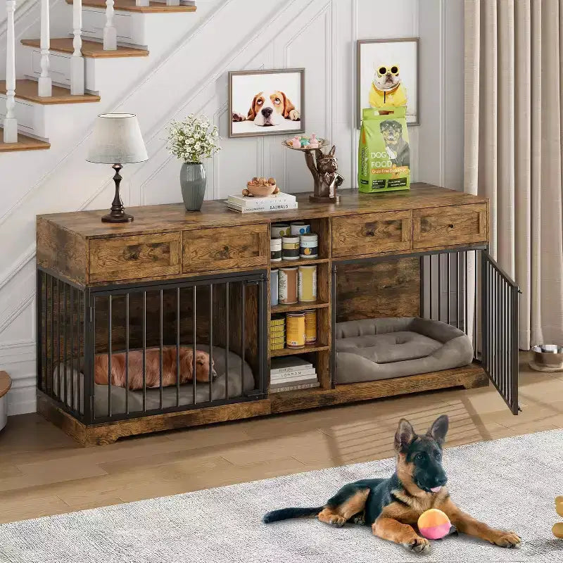 82 Double Dog Crate Furniture, Large Dog Kennel Indoor for 2 Dogs, Heavy Duty Wooden Dog Crate TV Stand with 4 Drawers and Shelves