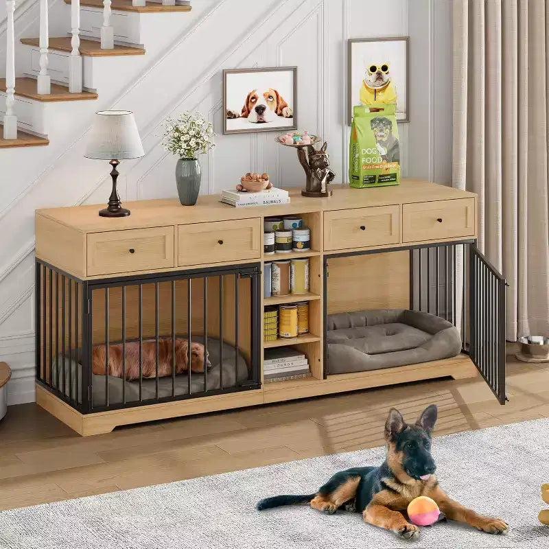 82 Meubles doubles pour cage de chien, grande niche d'intérieur pour 2 chiens, meuble TV en bois robuste avec 4 tiroirs et étagères