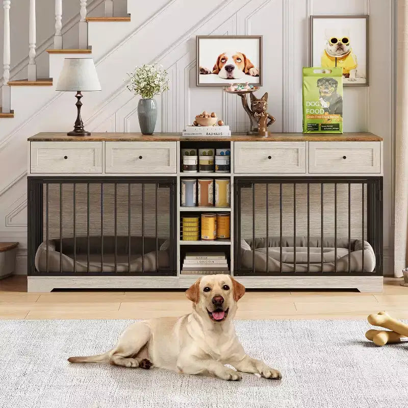 82 Meubles doubles pour cage de chien, grande niche d'intérieur pour 2 chiens, meuble TV en bois robuste avec 4 tiroirs et étagères