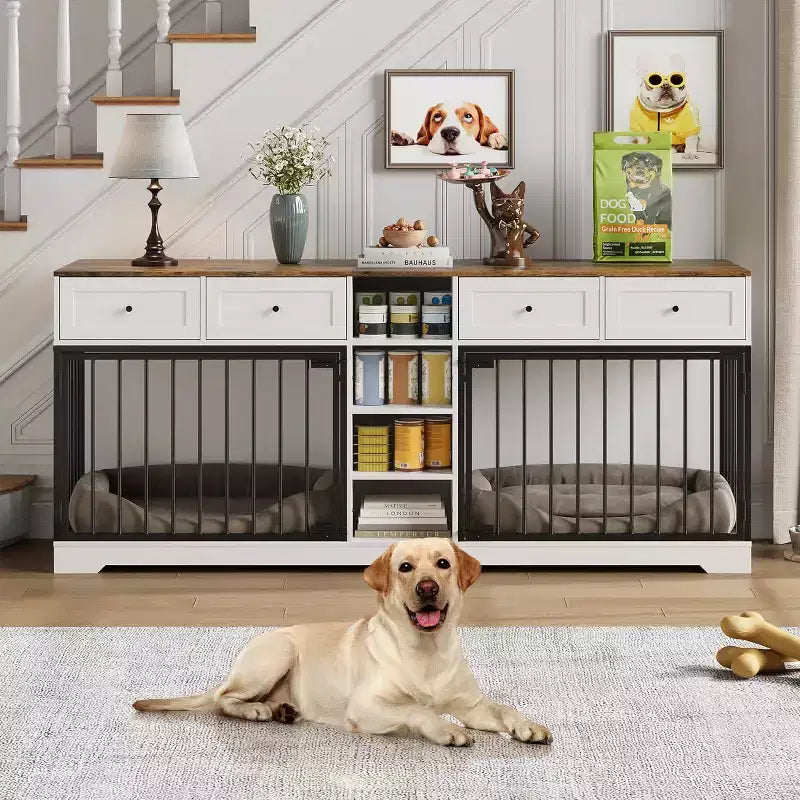 82 Meubles doubles pour cage de chien, grande niche d'intérieur pour 2 chiens, meuble TV en bois robuste avec 4 tiroirs et étagères