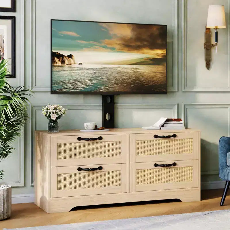 Meuble TV en rotin avec support, commode 4 tiroirs, centre de divertissement pour TV jusqu'à 70 pouces, console multimédia en bois de style rustique pour salon et chambre à coucher