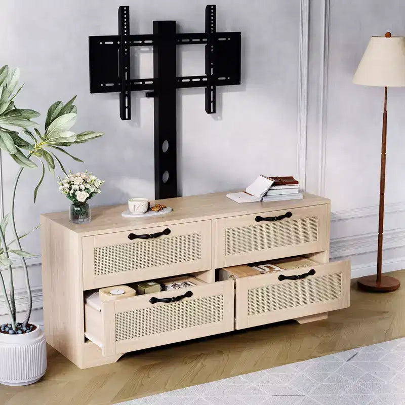 Meuble TV en rotin avec support, commode 4 tiroirs, centre de divertissement pour TV jusqu'à 70 pouces, console multimédia en bois de style rustique pour salon et chambre à coucher