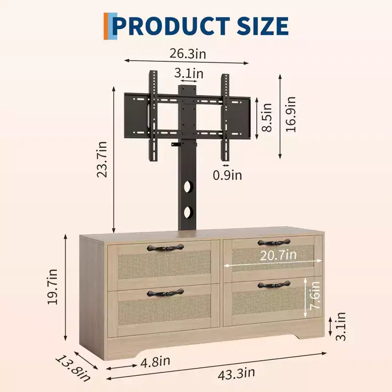 Meuble TV en rotin avec support, commode 4 tiroirs, centre de divertissement pour TV jusqu'à 70 pouces, console multimédia en bois de style rustique pour salon et chambre à coucher