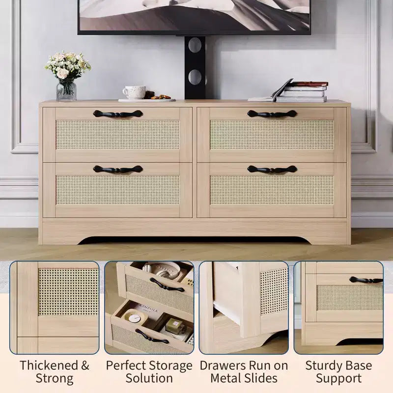 Meuble TV en rotin avec support, commode 4 tiroirs, centre de divertissement pour TV jusqu'à 70 pouces, console multimédia en bois de style rustique pour salon et chambre à coucher