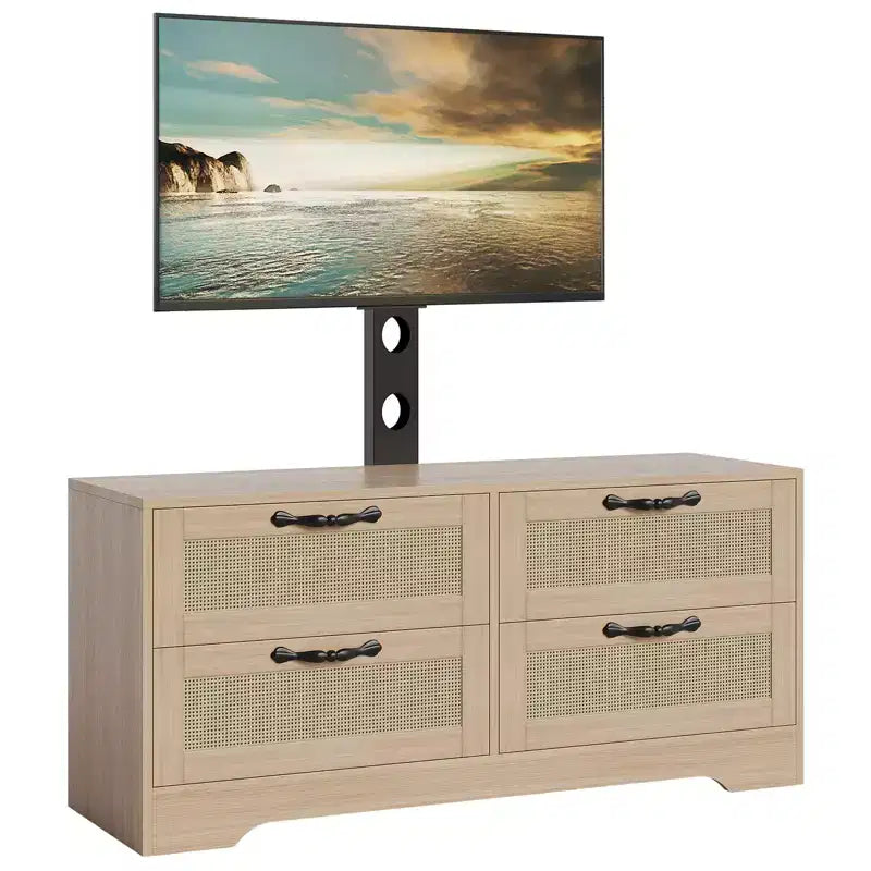 Meuble TV en rotin avec support, commode 4 tiroirs, centre de divertissement pour TV jusqu'à 70 pouces, console multimédia en bois de style rustique pour salon et chambre à coucher