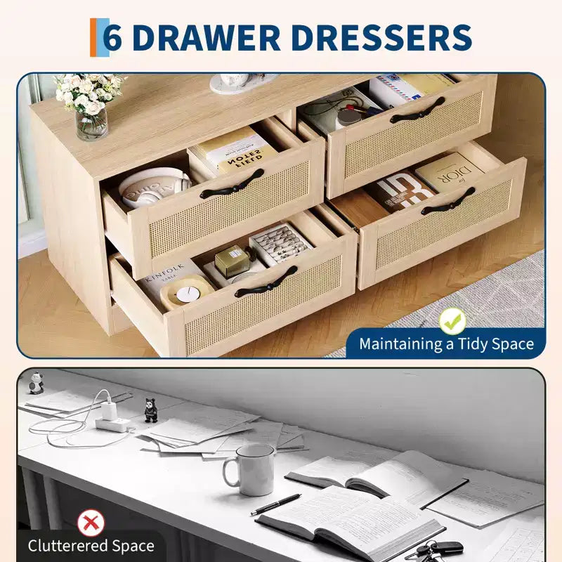 Meuble TV en rotin avec support, commode 4 tiroirs, centre de divertissement pour TV jusqu'à 70 pouces, console multimédia en bois de style rustique pour salon et chambre à coucher
