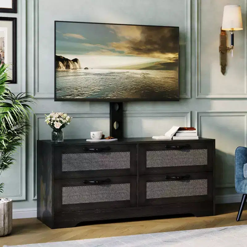 Meuble TV en rotin avec support, commode 4 tiroirs, centre de divertissement pour TV jusqu'à 70 pouces, console multimédia en bois de style rustique pour salon et chambre à coucher