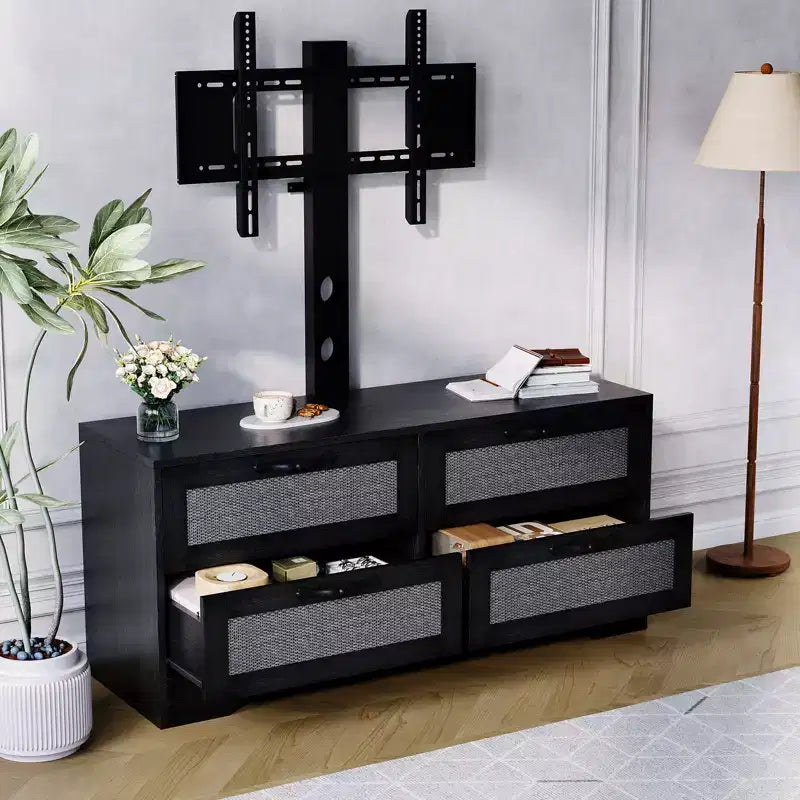Meuble TV en rotin avec support, commode 4 tiroirs, centre de divertissement pour TV jusqu'à 70 pouces, console multimédia en bois de style rustique pour salon et chambre à coucher