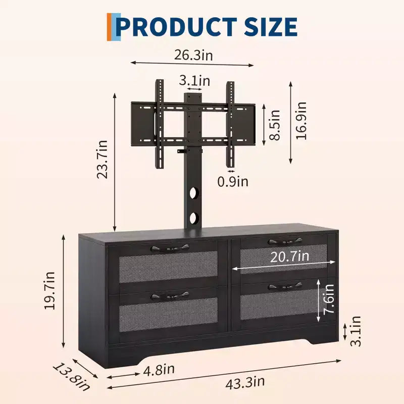 Meuble TV en rotin avec support, commode 4 tiroirs, centre de divertissement pour TV jusqu'à 70 pouces, console multimédia en bois de style rustique pour salon et chambre à coucher