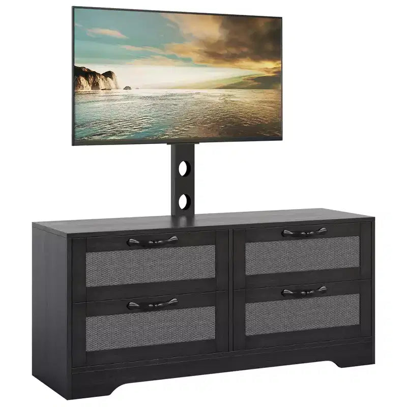 Meuble TV en rotin avec support, commode 4 tiroirs, centre de divertissement pour TV jusqu'à 70 pouces, console multimédia en bois de style rustique pour salon et chambre à coucher