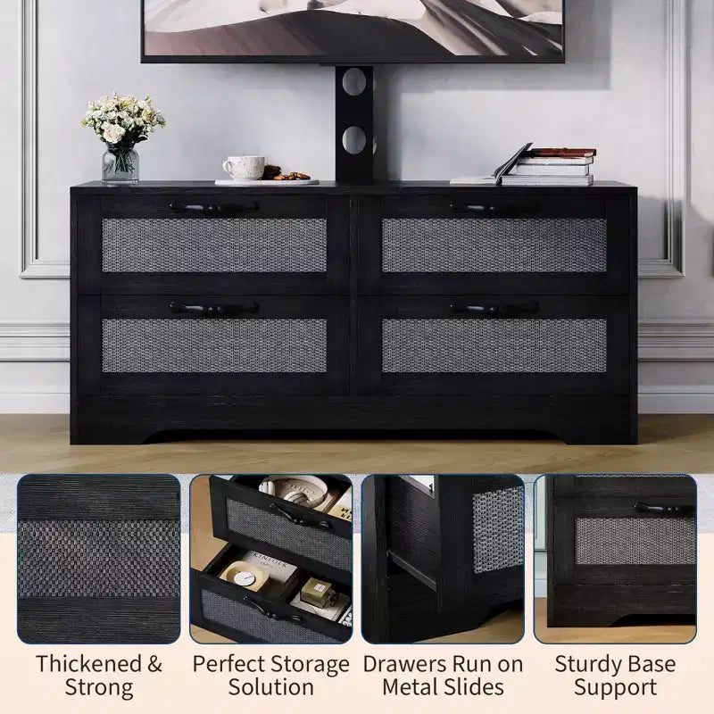Meuble TV en rotin avec support, commode 4 tiroirs, centre de divertissement pour TV jusqu'à 70 pouces, console multimédia en bois de style rustique pour salon et chambre à coucher