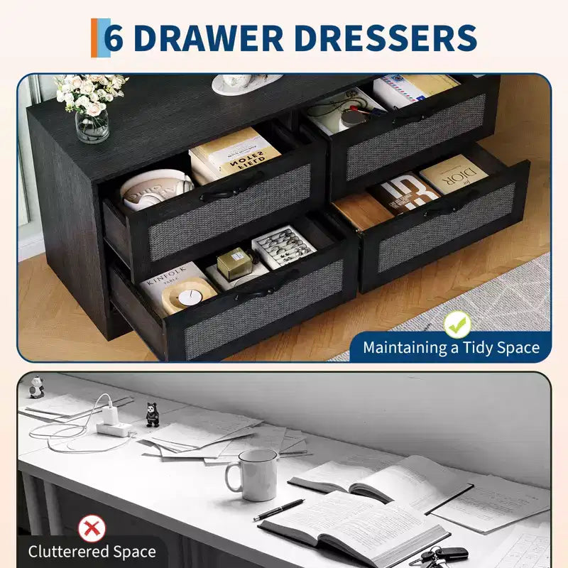 Meuble TV en rotin avec support, commode 4 tiroirs, centre de divertissement pour TV jusqu'à 70 pouces, console multimédia en bois de style rustique pour salon et chambre à coucher