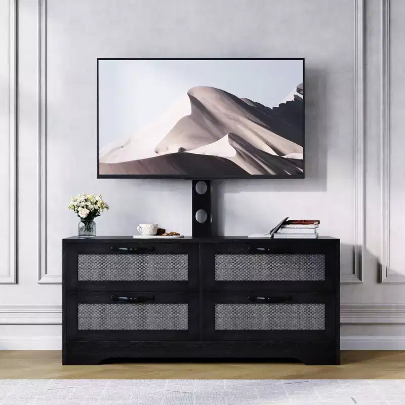 Rattan TV Stand with Mount  4-Drawer Dresser Entertainment Center for TVs up to 70 Inch, Farmhouse Wooden Media Console for Living Room &amp; Bedroom