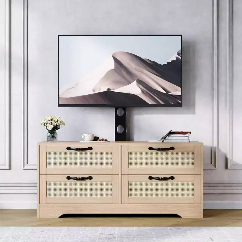 Meuble TV en rotin avec support, commode 4 tiroirs, centre de divertissement pour TV jusqu'à 70 pouces, console multimédia en bois de style rustique pour salon et chambre à coucher