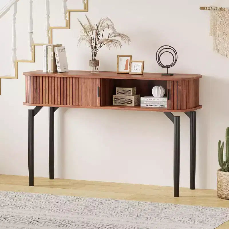 Console cannelée avec rangement, table de canapé en bois avec porte coulissante pour entrée, salon, couloir