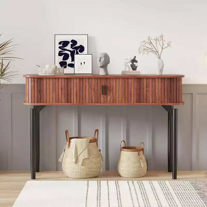 Console cannelée avec rangement, table de canapé en bois avec porte coulissante pour entrée, salon, couloir
