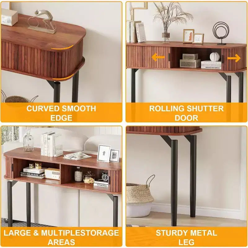 Console cannelée avec rangement, table de canapé en bois avec porte coulissante pour entrée, salon, couloir