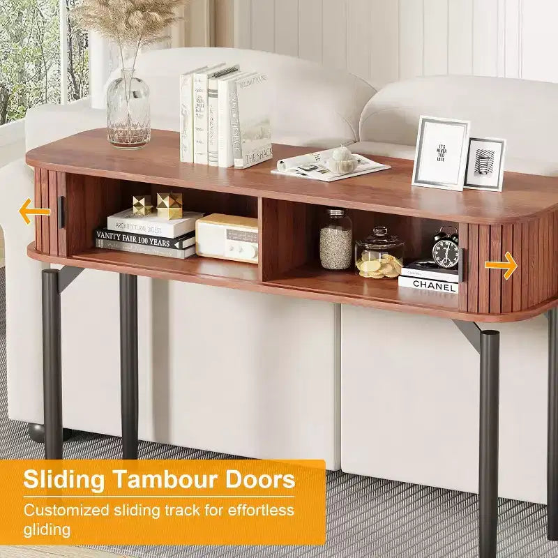Console cannelée avec rangement, table de canapé en bois avec porte coulissante pour entrée, salon, couloir