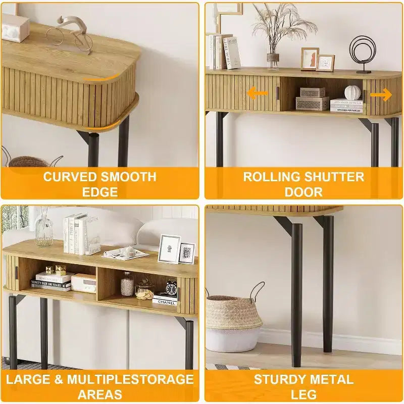 Console cannelée avec rangement, table de canapé en bois avec porte coulissante pour entrée, salon, couloir