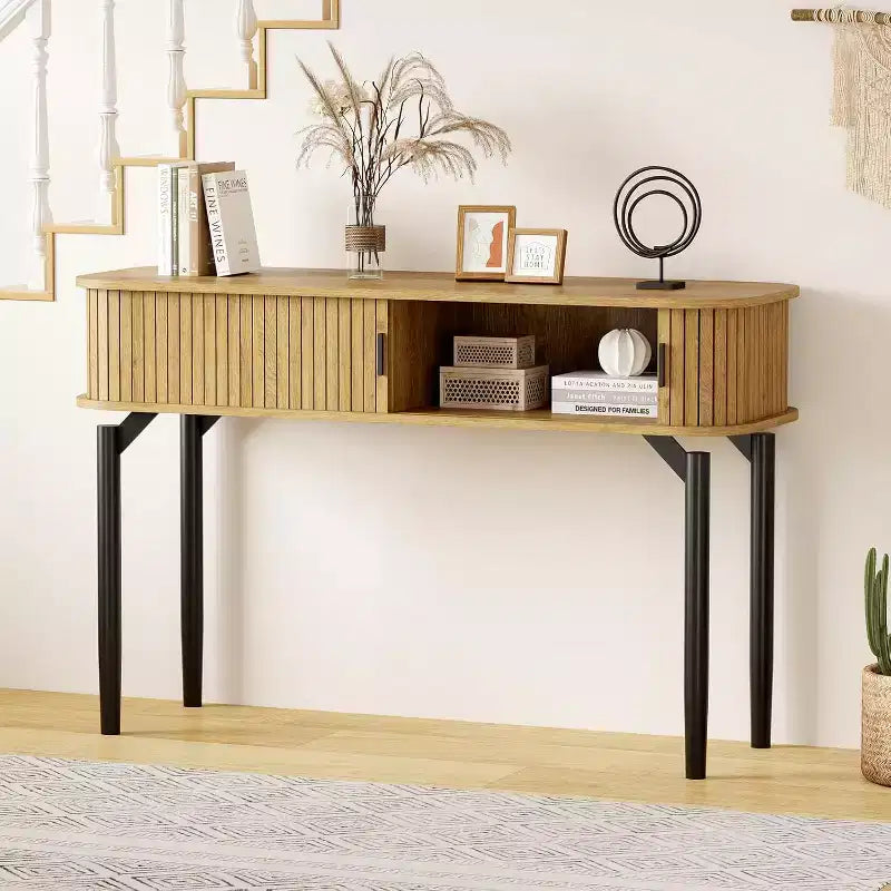 Console cannelée avec rangement, table de canapé en bois avec porte coulissante pour entrée, salon, couloir