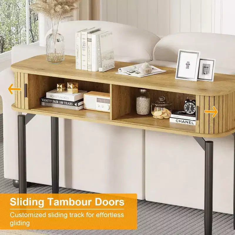 Console cannelée avec rangement, table de canapé en bois avec porte coulissante pour entrée, salon, couloir