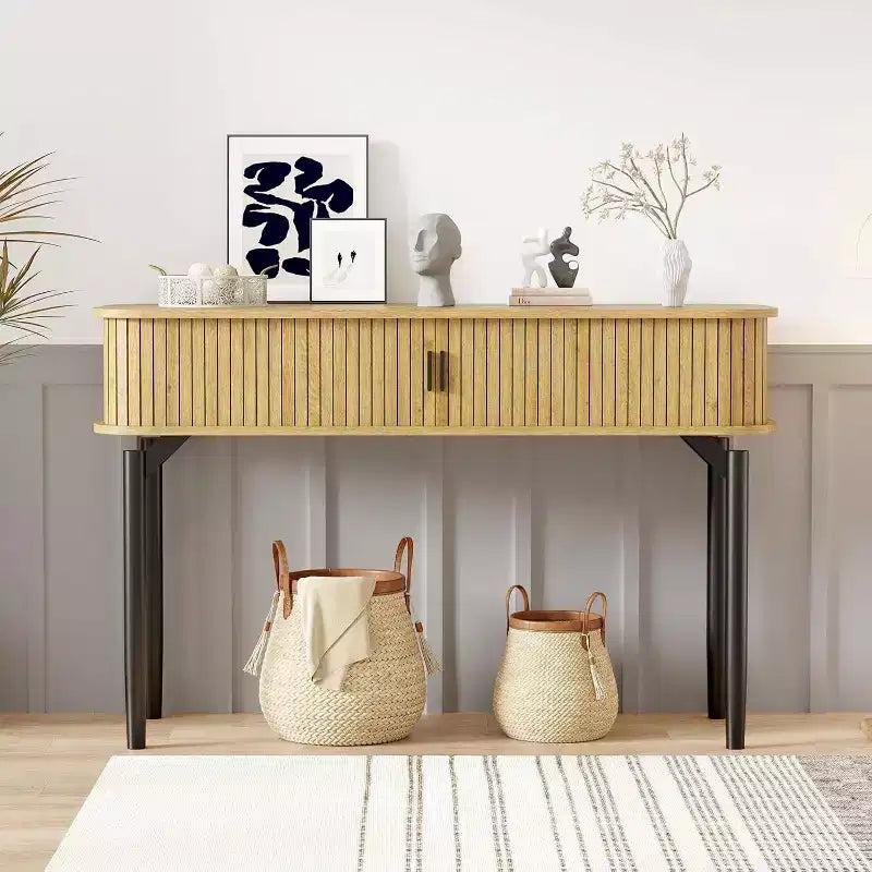 Console cannelée avec rangement, table de canapé en bois avec porte coulissante pour entrée, salon, couloir