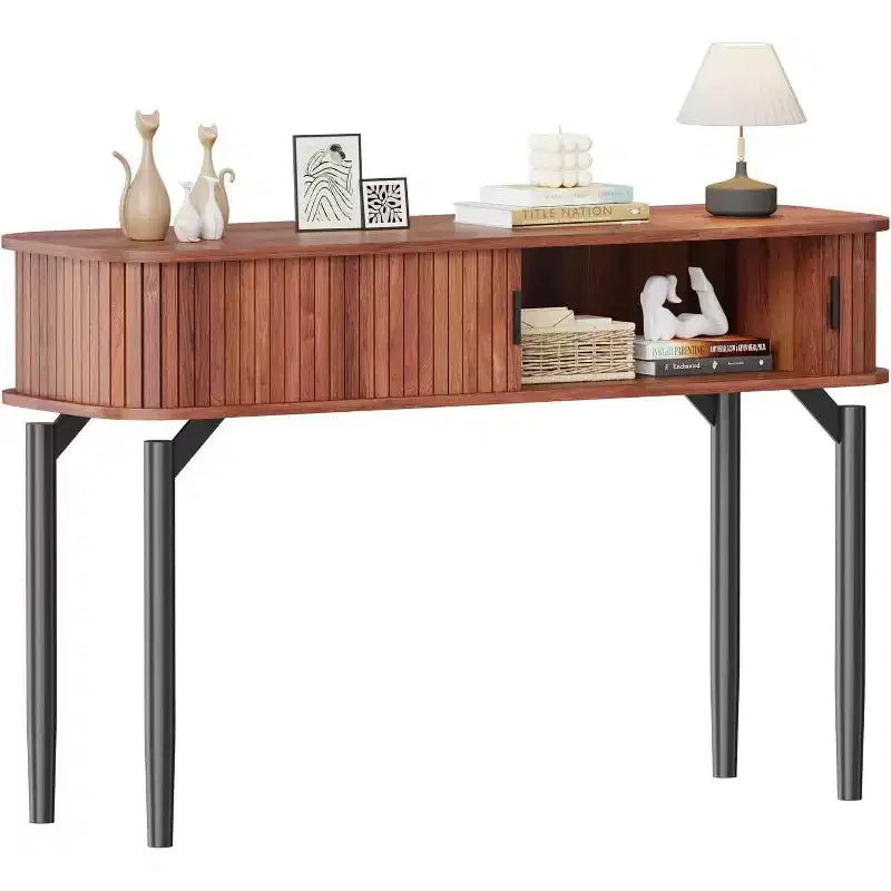 Console cannelée avec rangement, table de canapé en bois avec porte coulissante pour entrée, salon, couloir