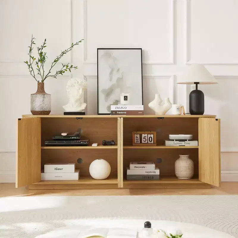 Buffet en bois ondulé, rayures verticales, meuble TV, adapté pour chambre/entrée. Bois naturel, 64W 15P 24H